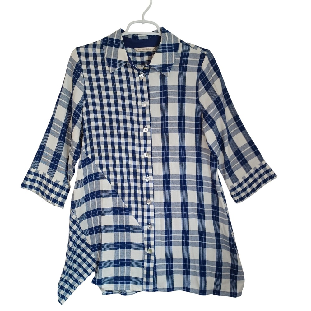 Soft Surroundings Blue White Plaid Tunic Button Back Asymmetrical Top Small
